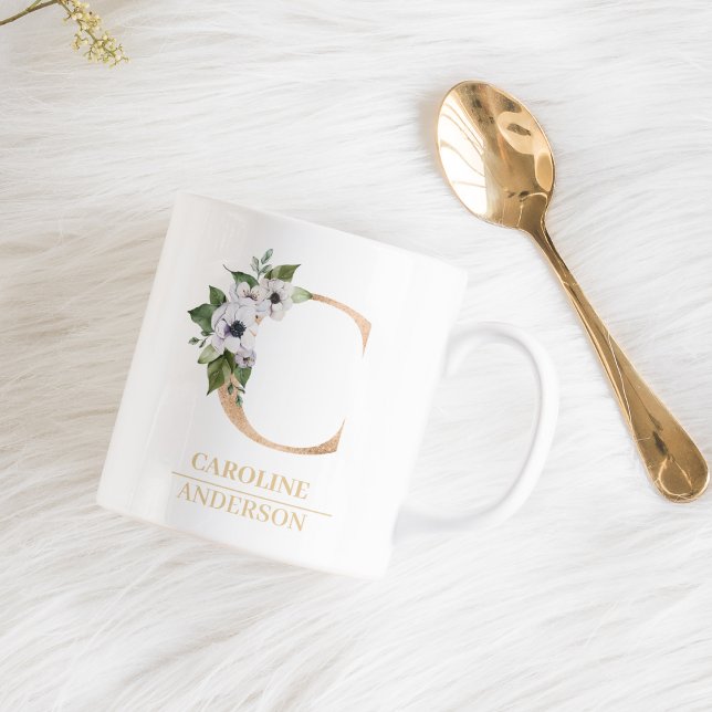 Modern Guld vattenfärgsblomma Brev C | Monogram Kaffemugg (Skapare uppladdad)