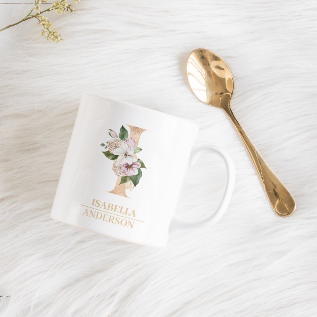 Modern Guld vattenfärgsblomma Brev I | Monogram Kaffemugg (Skapare uppladdad)