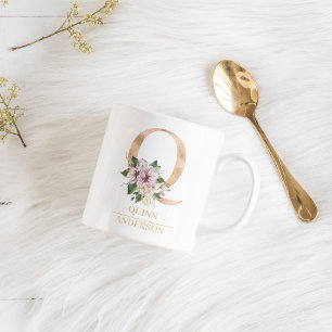 Modern Guld vattenfärgsblomma Brev Q   Monogram Kaffemugg