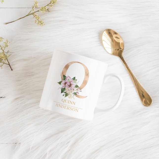 Modern Guld vattenfärgsblomma Brev Q | Monogram Kaffemugg (Skapare uppladdad)