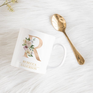 Modern Guld vattenfärgsblomma Brev R   Monogram Kaffemugg