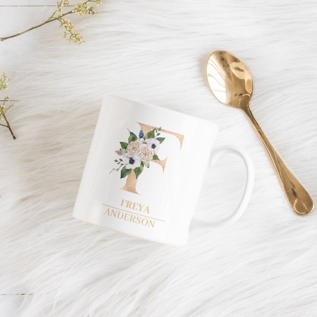 Modern Guld Watercolor Flower Brev F | Monogram Kaffemugg (Skapare uppladdad)