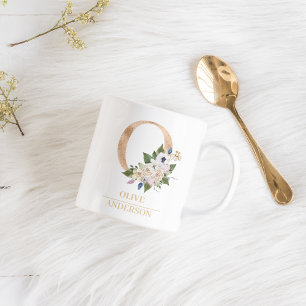 Modern Guld Watercolor Flower Brev O   Monogram Kaffemugg