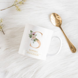 Modern Guld Watercolor Flower Brev S | Monogram Kaffemugg