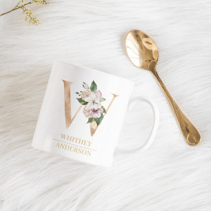 Modern Guld Watercolor Flower Brev W   Monogram Kaffemugg