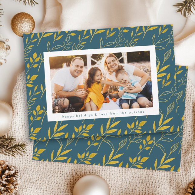 Modern Guld Watercolor Löv Foto-jul Julkort (Skapare uppladdad)
