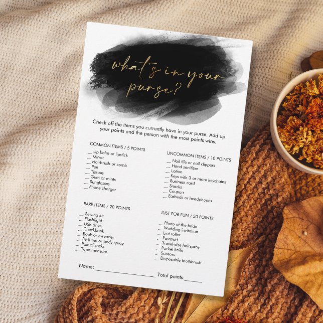 Modern Guld-Whare i din Möhippa (modern minimalist black and gold "WHAT's in your purse" bridal shower game)