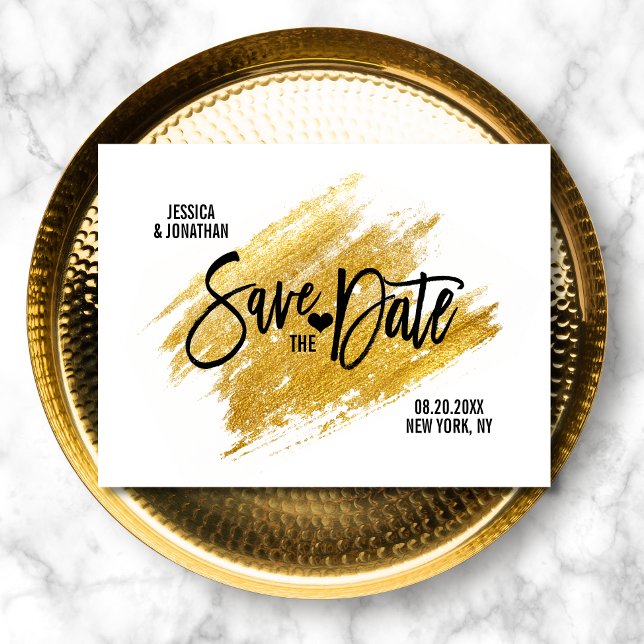 Modern Guld White Black Bröllop spara datum Meddelande Vykort (Skapare uppladdad)