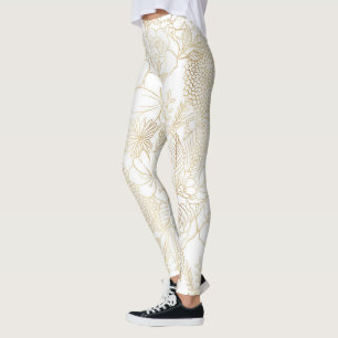 Modern Guld White Blommigt Doodles linjekonst Leggings