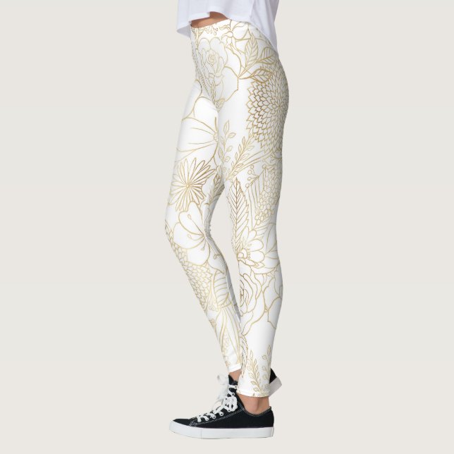 Modern Guld White Blommigt Doodles linjekonst Leggings (Vänster)