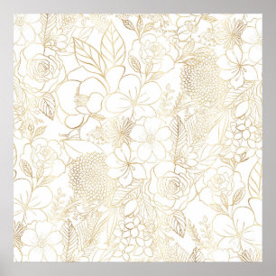 Modern Guld White Blommigt Doodles linjekonst Poster