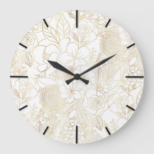 Modern Guld White Blommigt Doodles linjekonst Stor Klocka