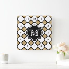 Modern Guld White Geometric Quatrefoil Monogrammad Fyrkantig Klocka