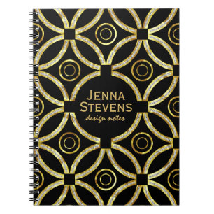 Modern Guld & White Glitter Geometric on Black Anteckningsbok Med Spiral