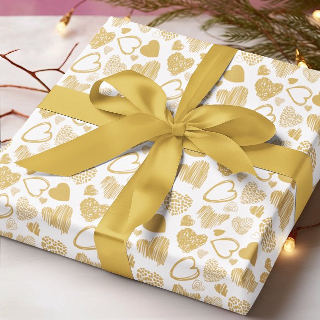 Modern Guld White Romantic Kärlek Heart Doodle Presentpapper (Skapare uppladdad)