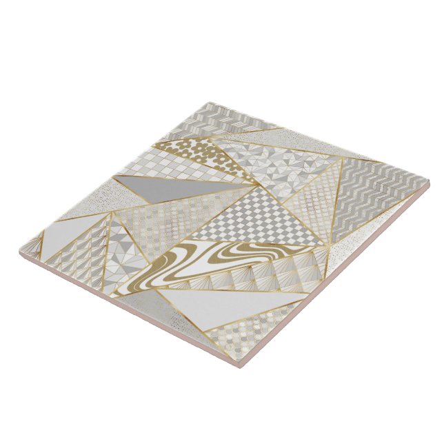 Modern Guld White Triangles Geometric Mönster Kakelplatta (Sidan)