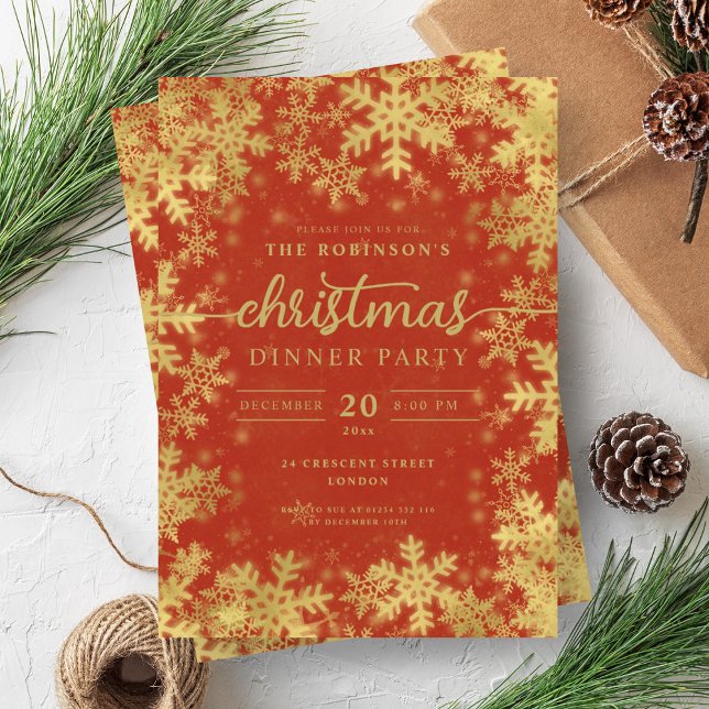 Modern Guld Winter Wonderland jul Red Inbjudningar (Modern Gold Winter Wonderland Christmas Red Invitation)