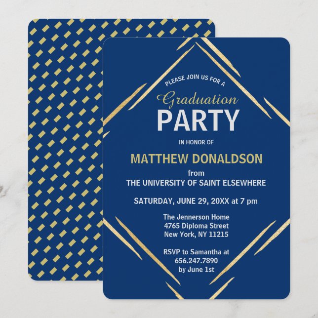 Modern guldblå 2025 geometrisk examensfest inbjudningar (Fram/baksida)