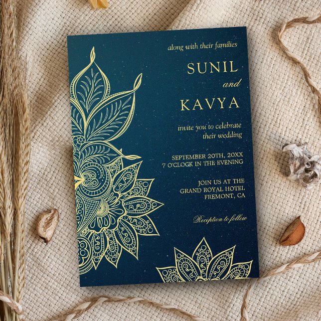 Modern guldblå galax henna indisk bröllopsinbjudan inbjudningar (Skapare uppladdad)