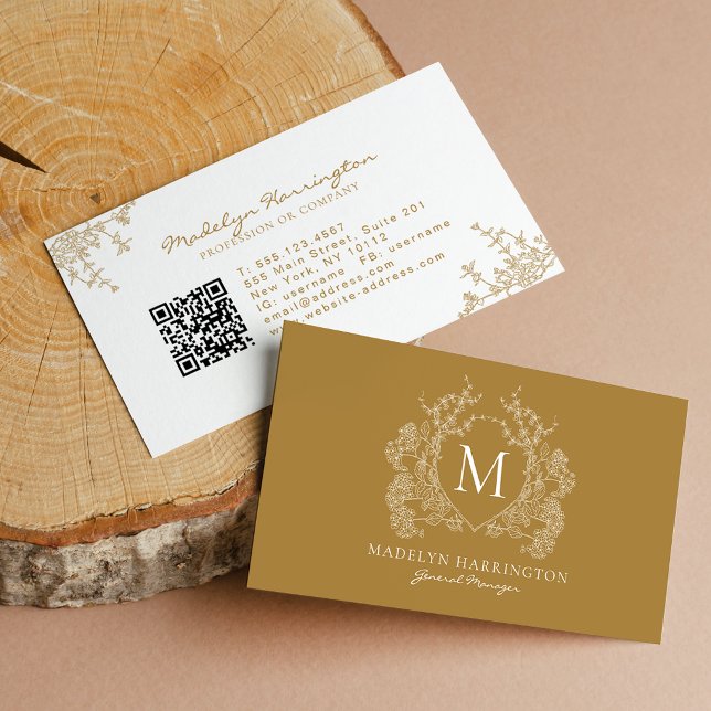 Modern guldf floral kröningsmonogram QR-kod Visitkort (Skapare uppladdad)