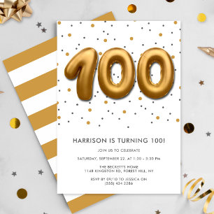 Modern guldfärgad ballong, 100:e födelsedagen inbjudningar