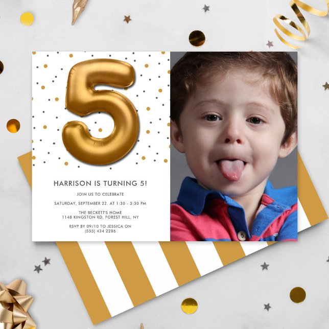Modern guldfärgad ballong 5:e födelsedag inbjudningar (Skapare uppladdad)