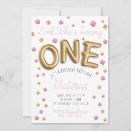 Modern guldfärgad ballong - första födelsedagsinbj inbjudningar