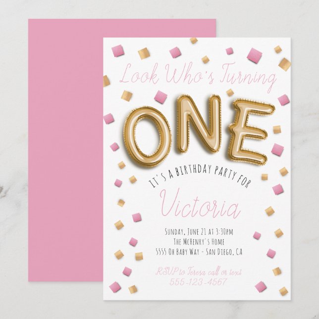 Modern guldfärgad ballong - första födelsedagsinbj inbjudningar (Fram/baksida)