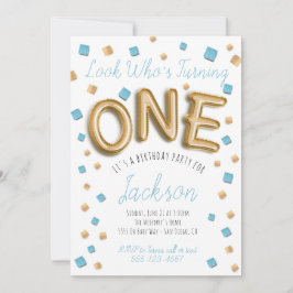 Modern guldfärgad ballong - första födelsedagsinbj inbjudningar