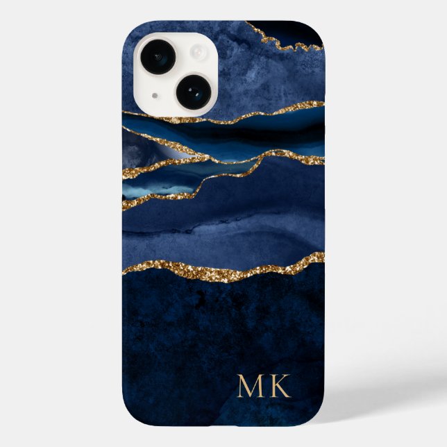 Modern guldfärgad & marinblå marmor agatmonogram f (Baksida)