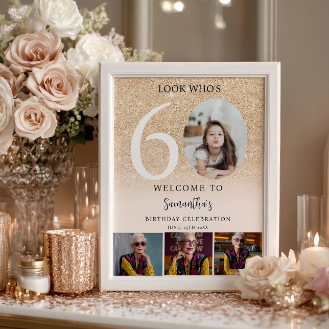 Modern guldglitter 60-års födelsedag 4 Foto Välkom Poster (Modern gold glitter 60th Birthday 4 Photo Welcome Poster)