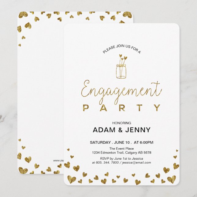 Modern guldhjärtad förlovningsfestinbjudan inbjudningar (Fram/baksida)
