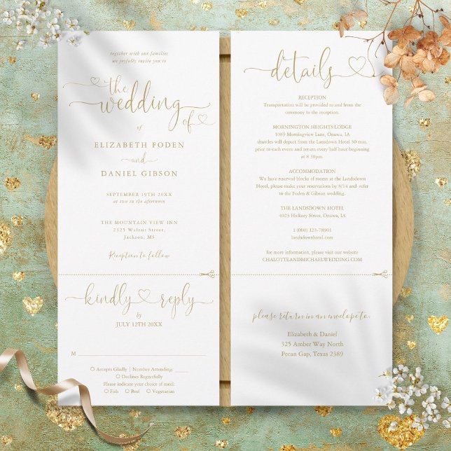 Modern guldhjärtas skript allt-i-ett bröllop inbjudningar (Modern Gold Heart Script All In One Wedding Invitation)