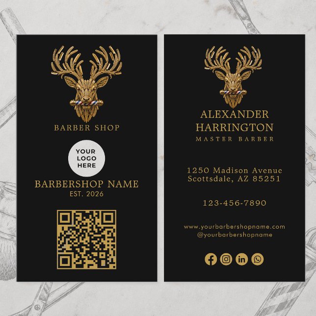 Modern Guldhjort Barberarstuga Pol Logotyp Qr-kod Visitkort (Skapare uppladdad)