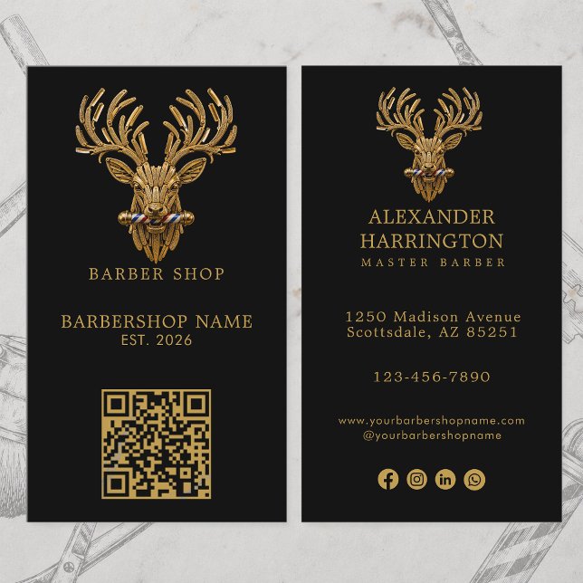 Modern Guldhjort Master Barberare Butik Logotyp Qr Visitkort (Skapare uppladdad)