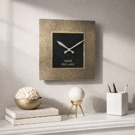 Modern guldläder & svart minimalistisk fyrkantig klocka