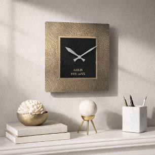 Modern guldläder & svart minimalistisk fyrkantig klocka