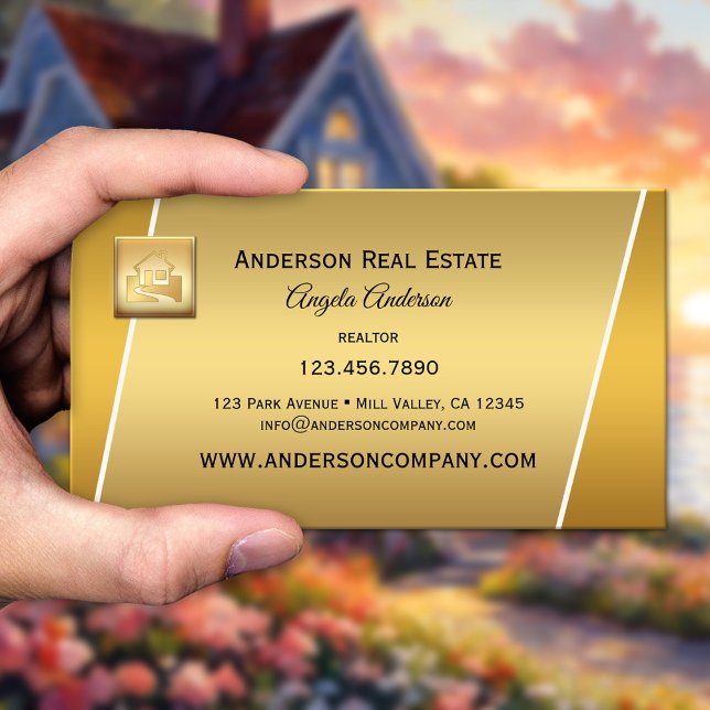 Modern guldlogotyp professionell fastighetsmäklare visitkort (Business card showing your logo on a modern gold background - real estate agency - housing - realtor)