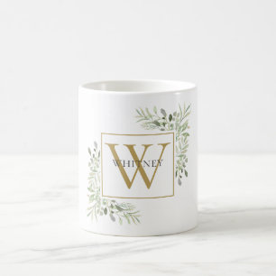 Modern guldmonogram grönska blomster kaffemugg