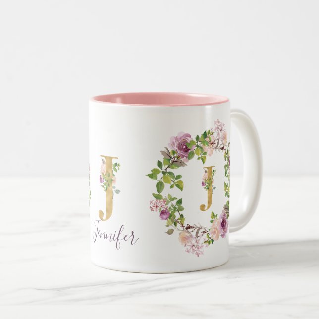 Modern guldmonogram J akvarell blomsterkrans Två-Tonad Mugg (Framsida höger)