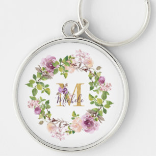Modern guldmonogram M akvarell blomsterkrans Rund Silverfärgad Nyckelring