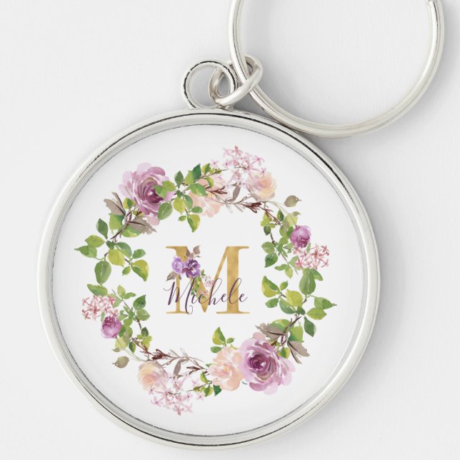 Modern guldmonogram M akvarell blomsterkrans Rund Silverfärgad Nyckelring (Framsidan)
