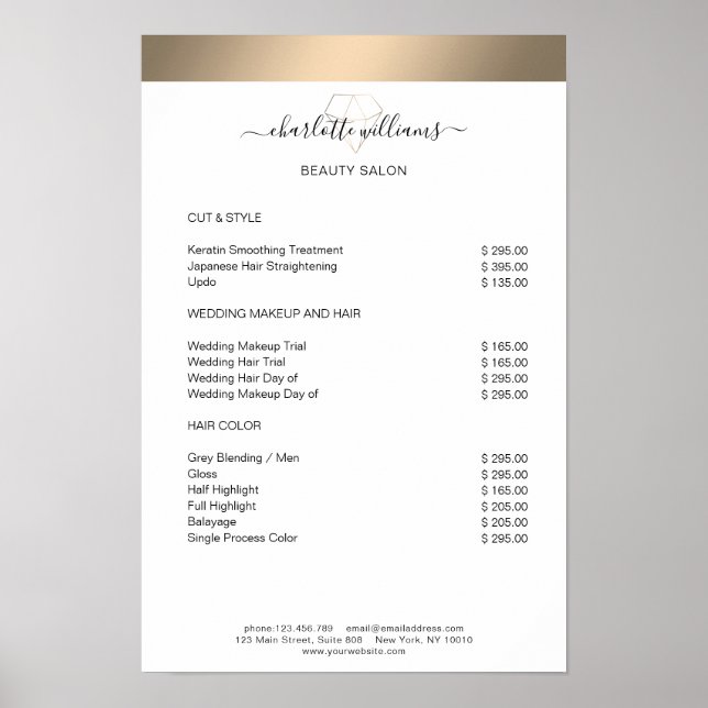 Modern guldrandig diamant prislista poster (Framsidan)
