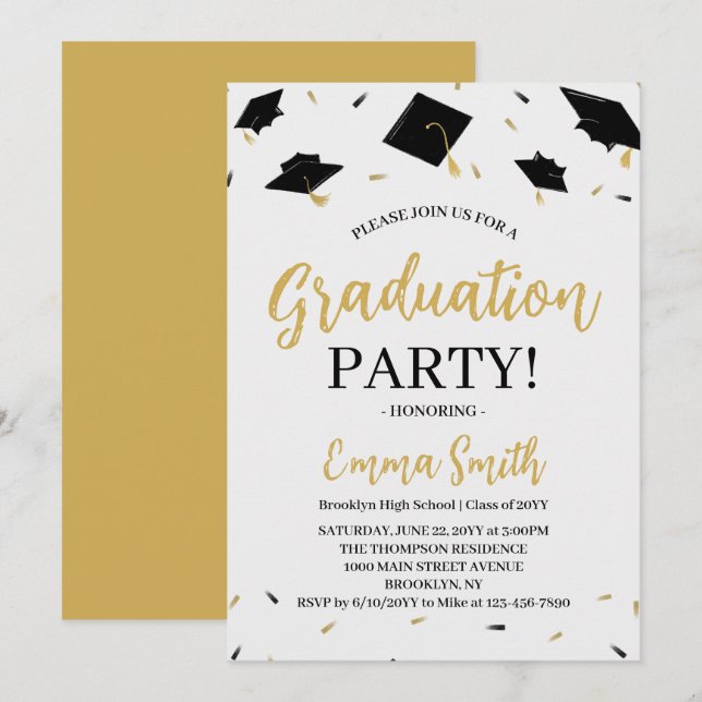 Modern guldskrift examensfest inbjudningar (Fram/baksida)