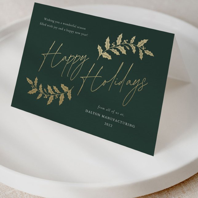 Modern guldskrift Glad jul affärs- Helgkort (Elegant gold and green script business holiday cards.)
