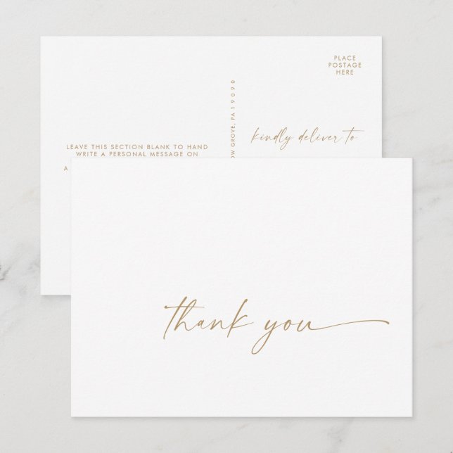 Modern guldskrift tack-kort vykort (Fram/baksida)