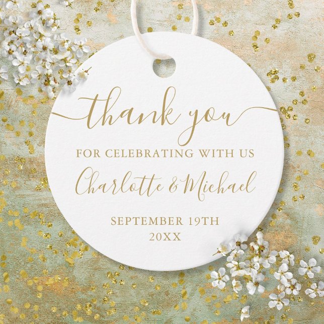 Modern guldskrift tackbröllop gåvor etiketter (Modern Gold Script Thank You Wedding Favor Tags)