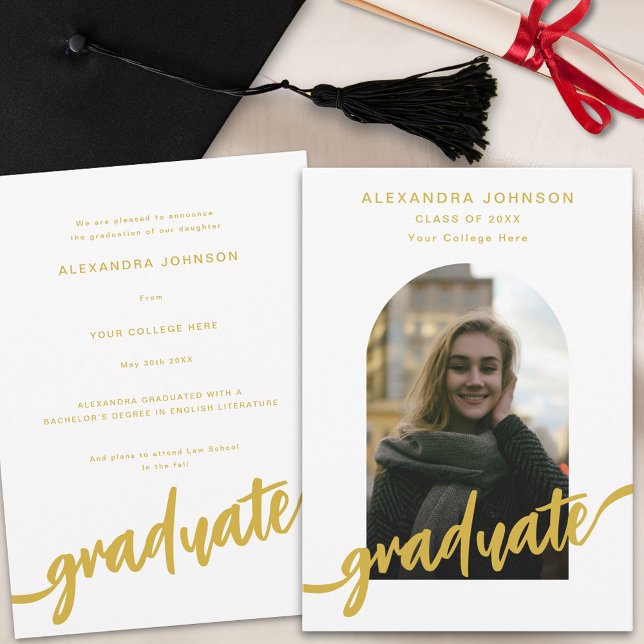 Modern guldskrift valv fotograduering meddelande (Modern elegant gold script arch photo Graduation announcement card)
