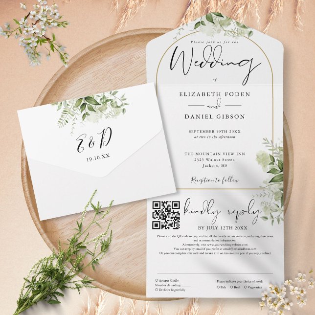 Modern guldvalvs QR-kod grönska bröllop (Modern Gold Arch QR Code Greenery Wedding All In One Invitation)