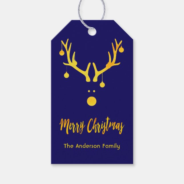 Modern, gullig julklapp, guld renar i blått presentetikett (Framsidan)